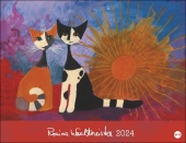 Rosina Wachtmeister Posterkalender 2024. Hochwertig gestalteter Wandkalender mit Gold- und Silberfolienprägung. Katzenmotive in einem Posterkalender als dekorativer Blickfang.