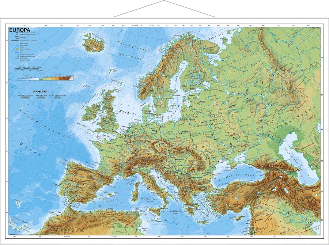 Europa, physisch 1 : 7 500 000. Wandkarte Kleinformat mit Metallstäben