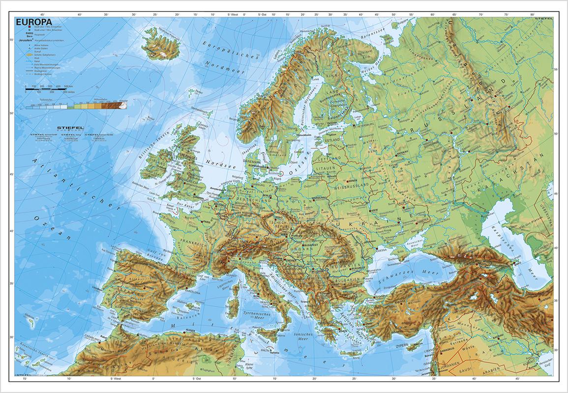 Europa, physisch 1 : 7 500 000. Wandkarte Kleinformat ohne Metallstäbe