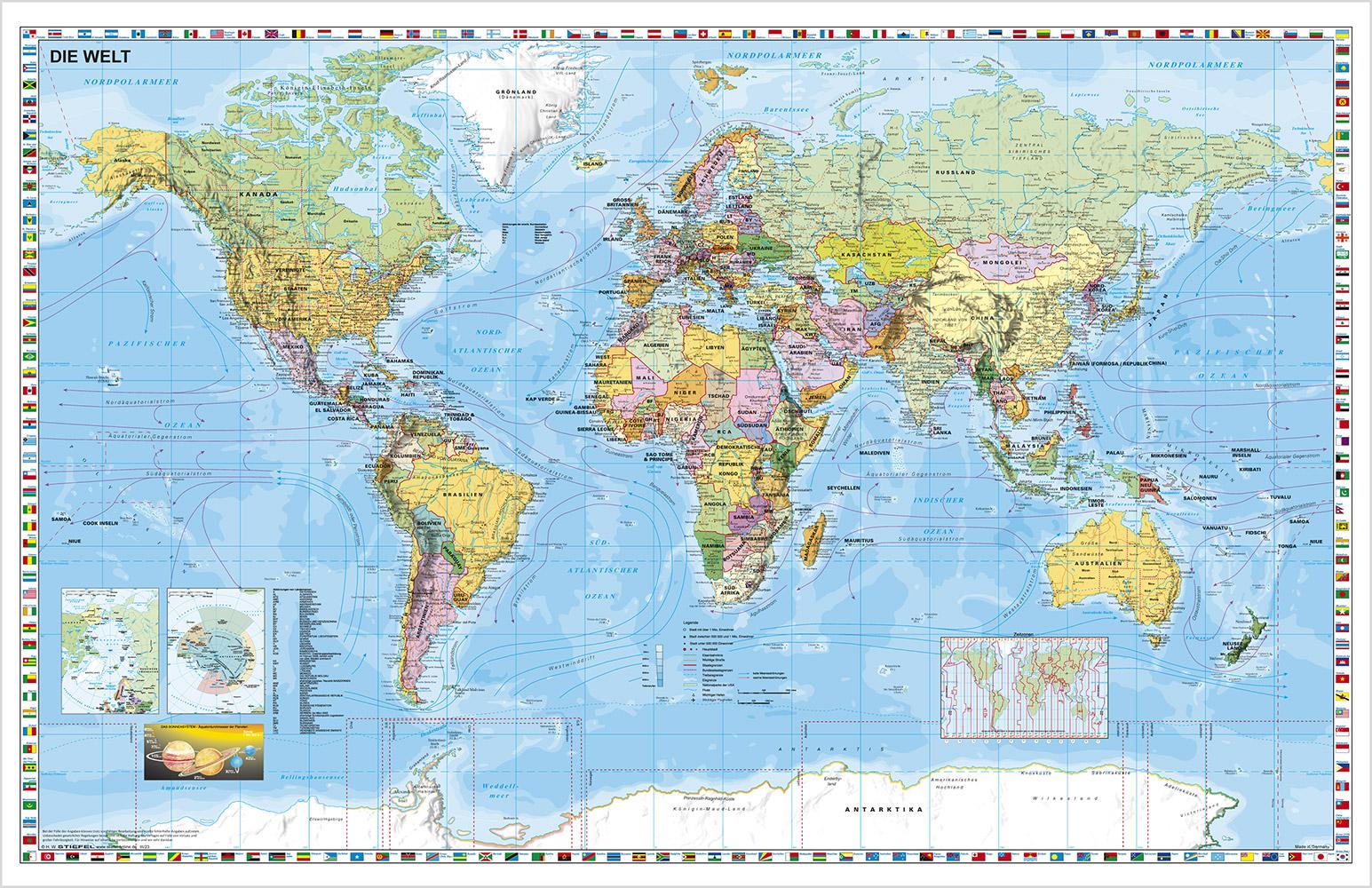 Weltkarte deutschsprachig. Wandkarte mit Flaggenrand