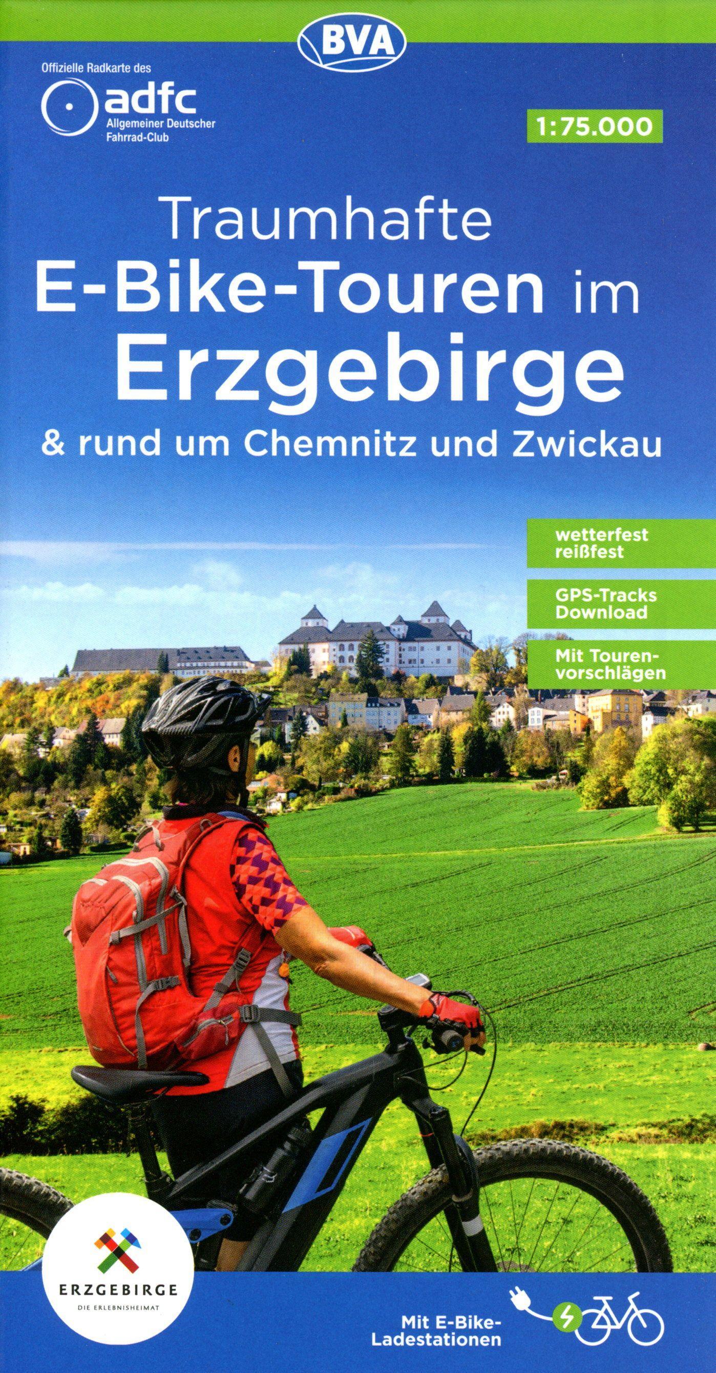 ADFC-Regionalkarte Traumhafte E-Bike-Touren im Erzgebirge, 1:75.000, mit Tagestourenvorschlägen, reiß- und wetterfest, GPS-Tracks Download