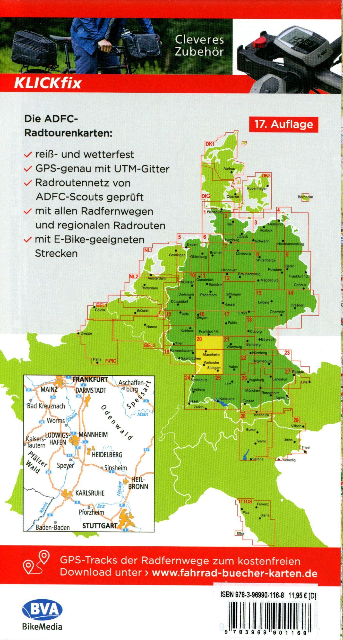 ADFC-Radtourenkarte 20 Rhein /Neckar 1:150.000, reiß- und wetterfest, E-Bike geeignet, GPS-Tracks Download, mit Bett+Bike Symbolen, mit Kilometer-Angaben