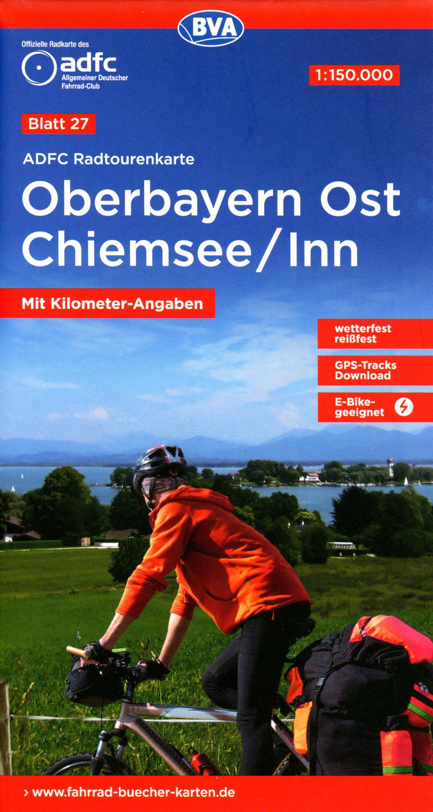 ADFC-Radtourenkarte 27 Oberbayern Ost Chiemsee/Inn 1:150.000, reiß- und wetterfest, E-Bike geeignet, GPS-Tracks Download, mit Bett+Bike Symbolen, mit Kilometer-Angaben