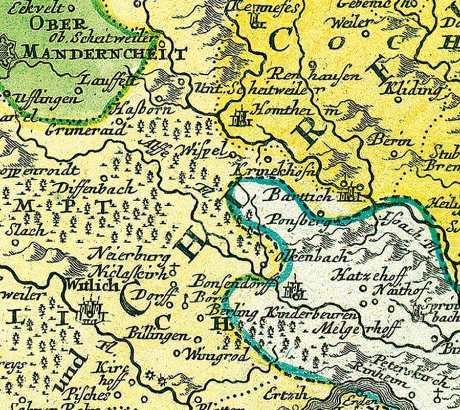 Historische Karte: Die MOSEL 1720 und das Erzbistum sowie Kurfürstentum Trier mit seinen Ämtern