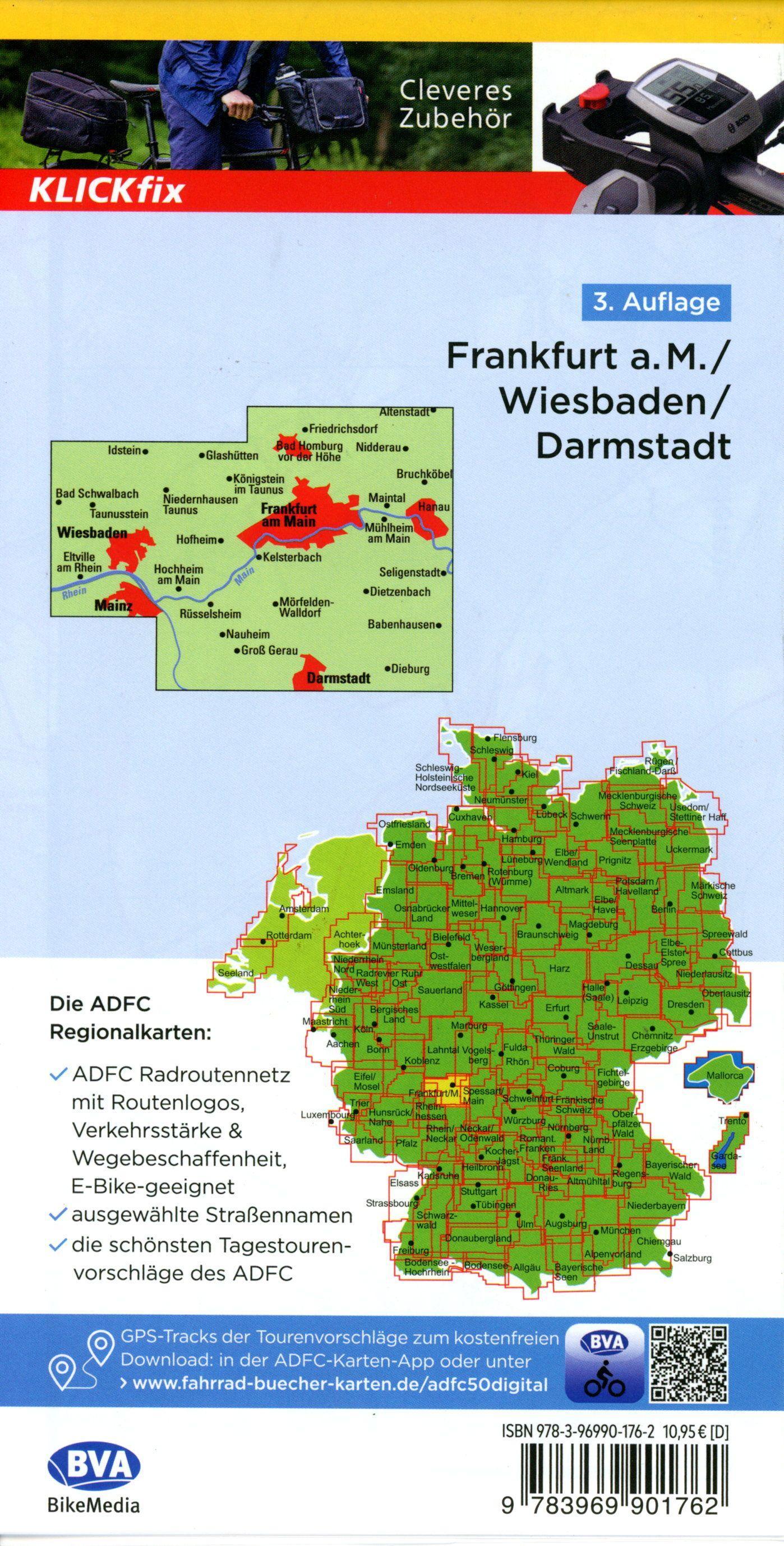 ADFC-Regionalkarte Frankfurt a. M. Wiesbaden /Darmstadt, 1:50.000, mit Tagestourenvorschlägen, reiß- und wetterfest, E-Bike-geeignet, GPS-Tracks-Download