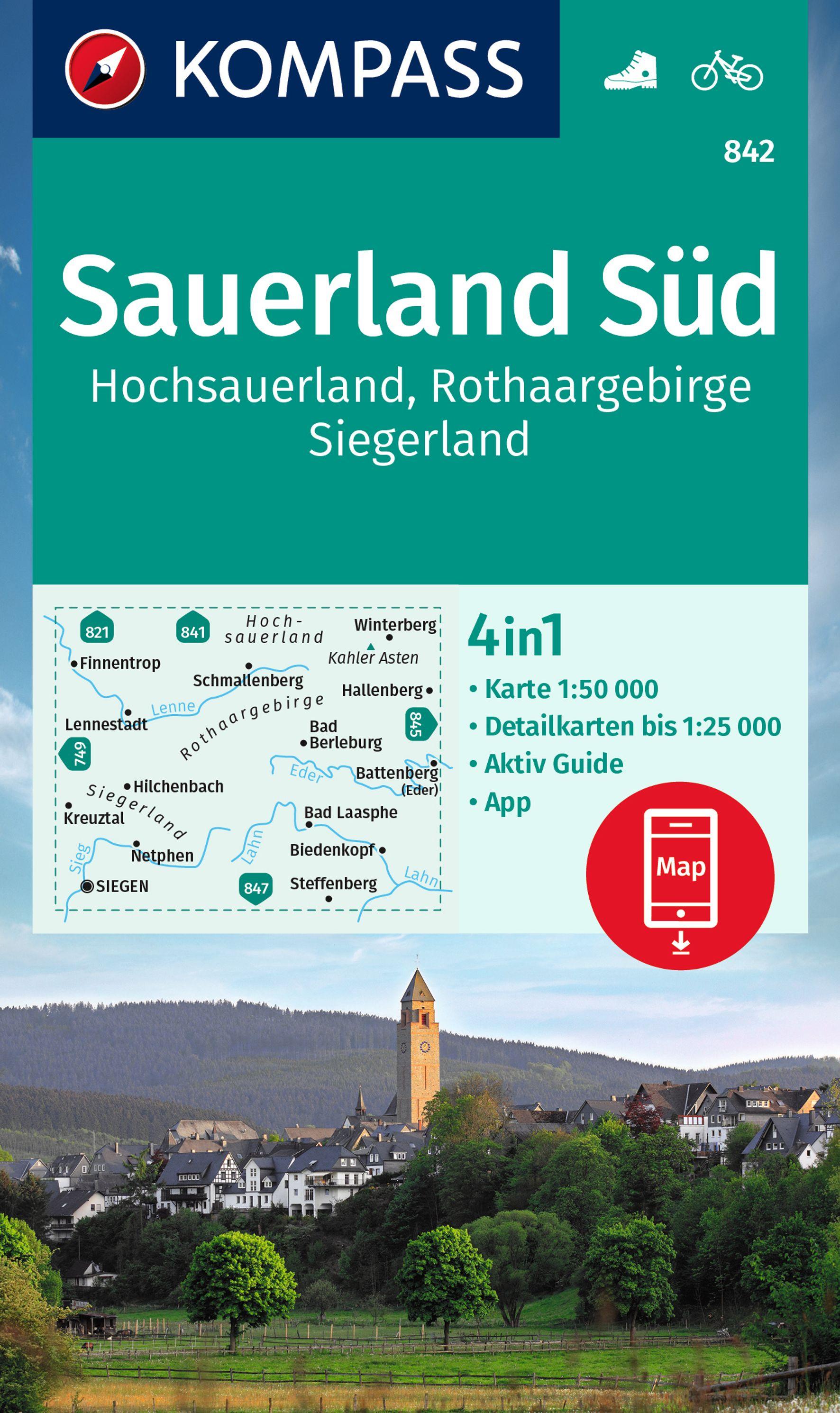 KOMPASS Wanderkarte 842 Sauerland Süd, Hochsauerland, Rothaargebirge, Siegerland 1:50.000