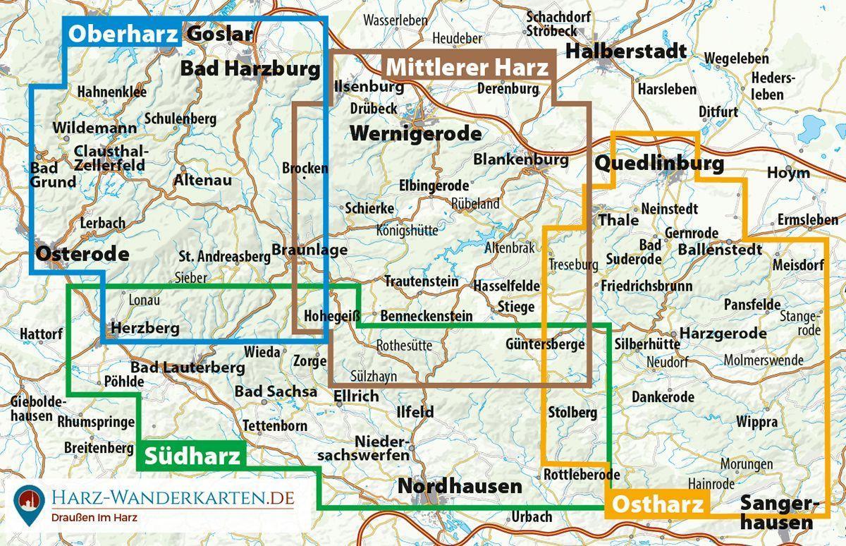 Der Harz in 4 Teilen. Wander- und Fahrradkartenset 1 : 30 000