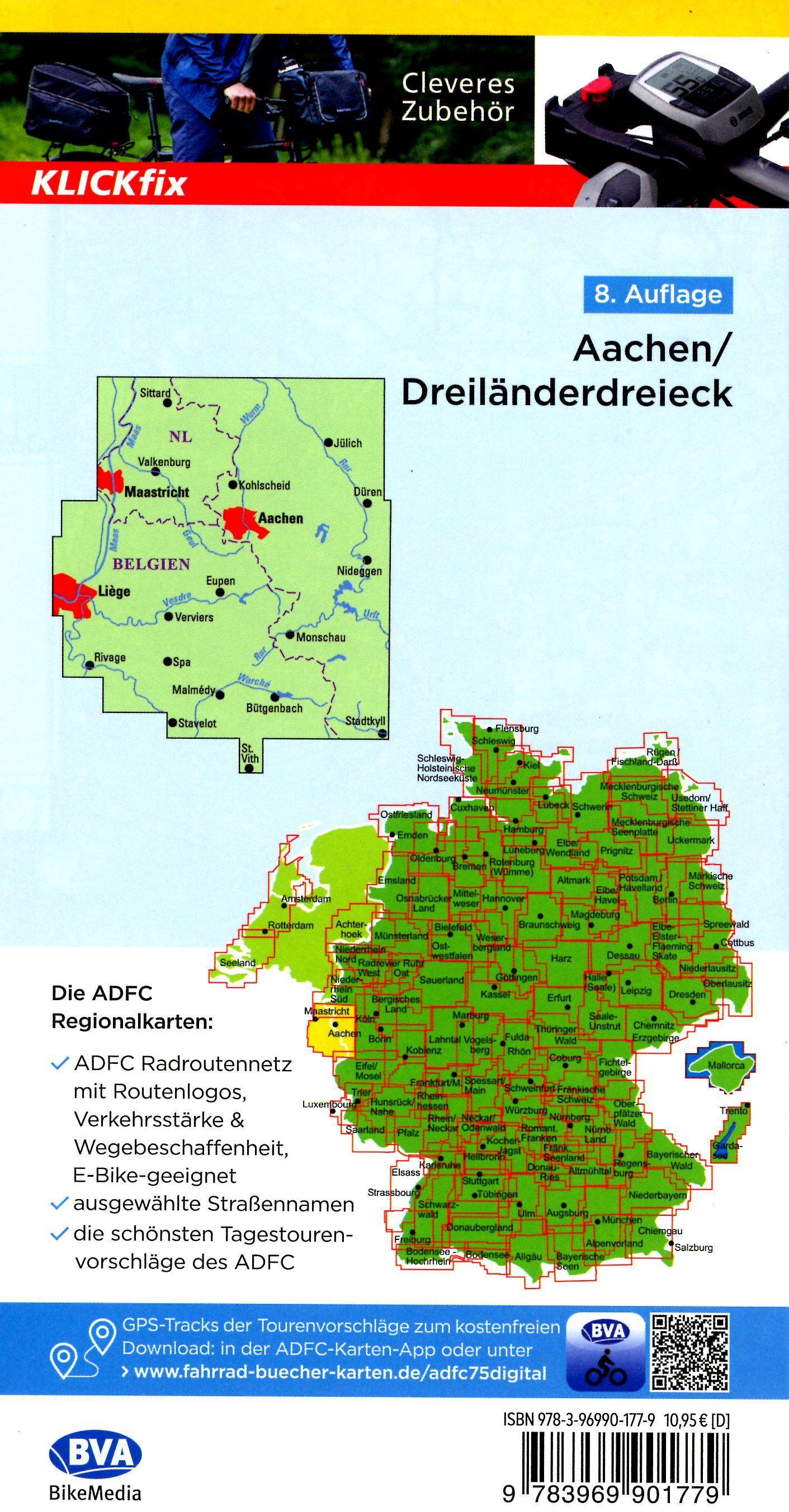 ADFC-Regionalkarte Aachen Dreiländereck, 1:75.000, reiß- und wetterfest, mit kostenlosem GPS-Download der Touren via BVA-website oder Karten-App