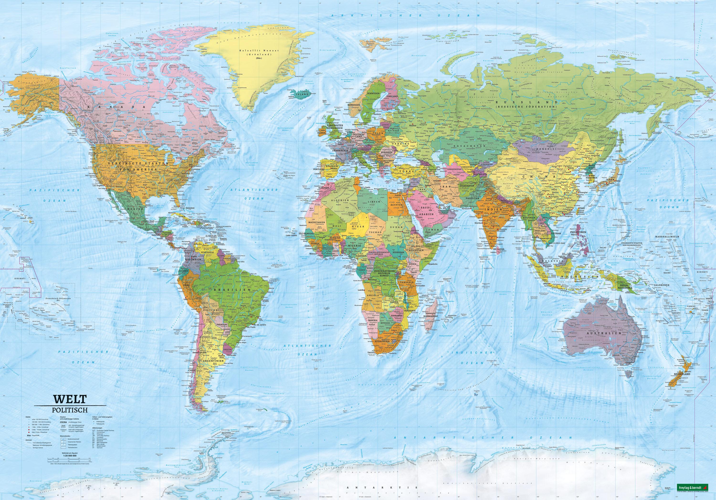 Weltkarte, politisch - physisch, 1:20.000.000, gefaltet, freytag & berndt