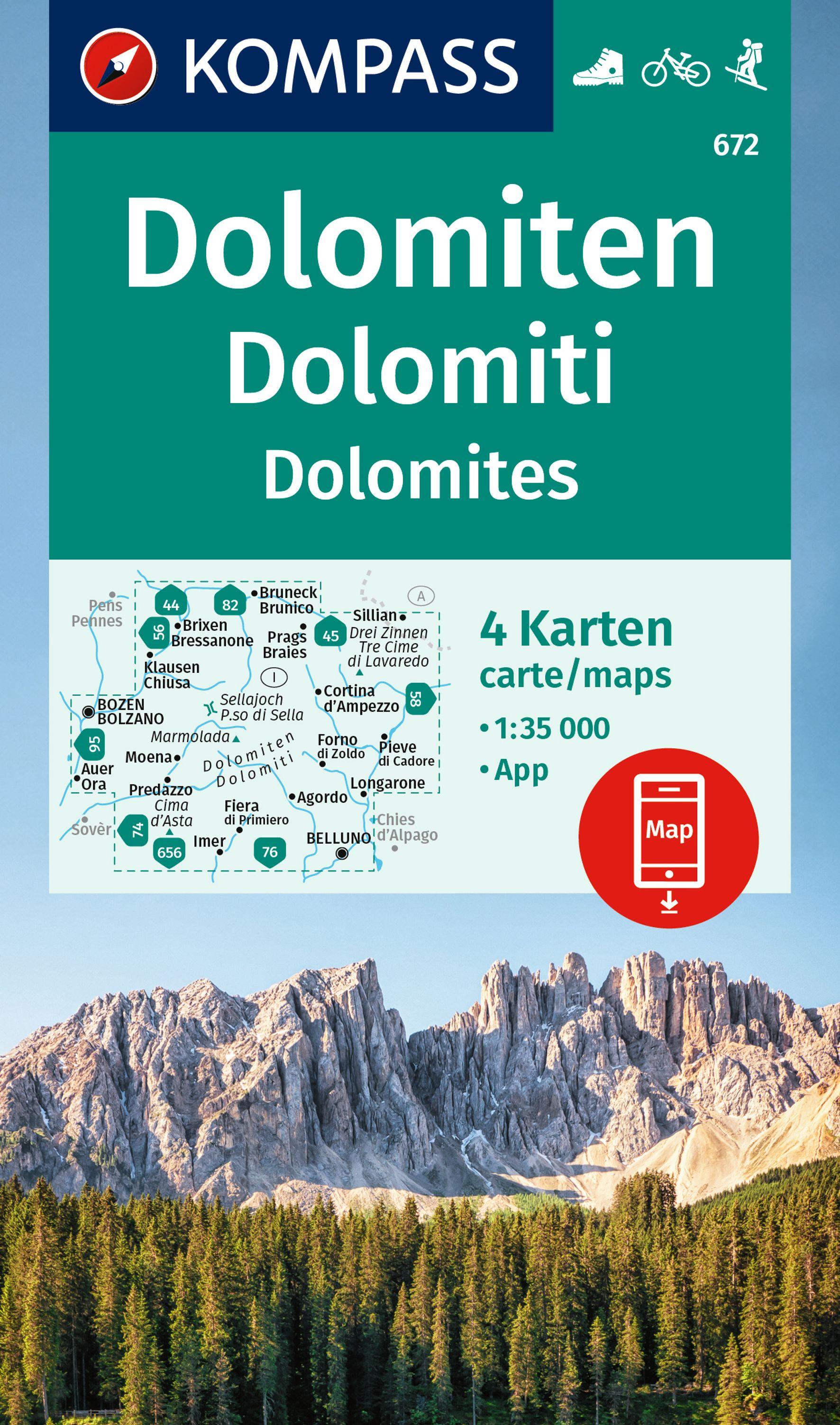 KOMPASS Wanderkarten-Set 672 Dolomiten, Dolomiti, Dolomites (4 Karten) 1:35.000