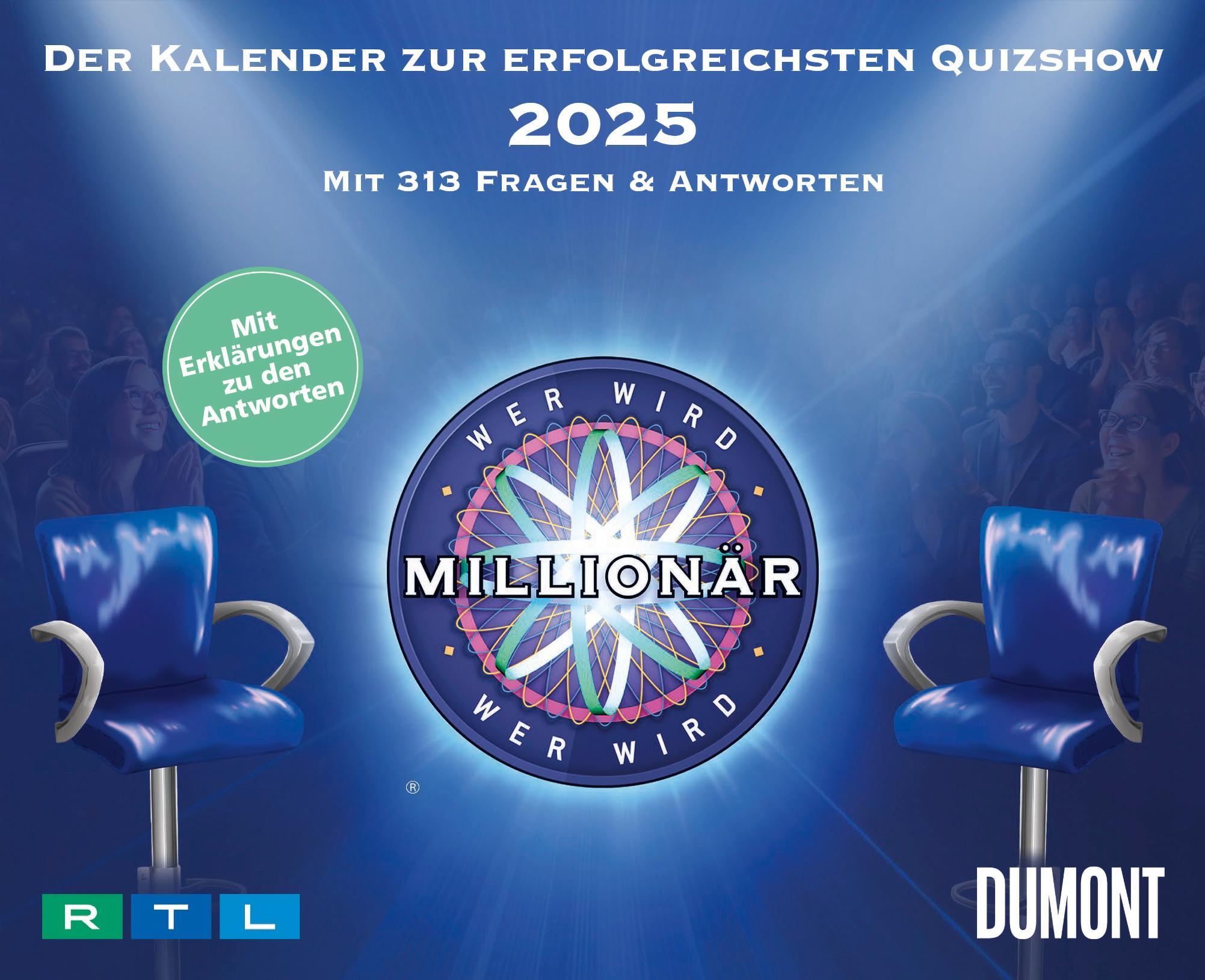 DUMONT - Wer wird Millionär 2025 Tagesabreißkalender, 14,5x11,8cm, Rate-Kalender mit 313 Fragen und Antworten, Kalender zur erfolgreichsten Quizshow, neues Format, mit Erklärungen zu den Antworten