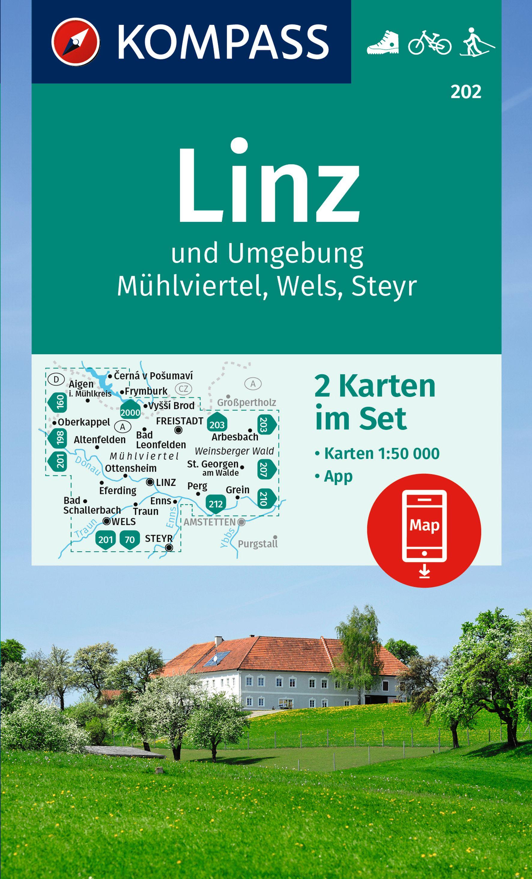 KOMPASS Wanderkarten-Set 202 Linz und Umgebung, Mühlviertel, Wels, Steyr (2 Karten) 1:50.000