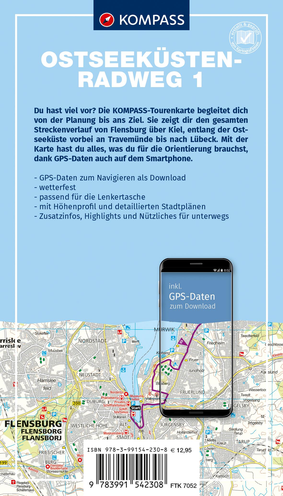 KOMPASS Fahrrad-Tourenkarte Ostseeküstenradweg 1, von Flensburg nach Lübeck 1:50.000